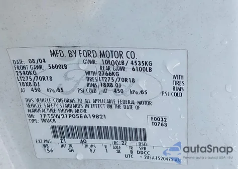 2005 Ford F-250 Lariat/Xl/Xlt из США, поврежденный, VIN 1FTSW21P05EA19821